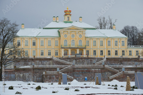 The old Grand Menshchikov Palace close up on a cloudy January day. Oranienbaum