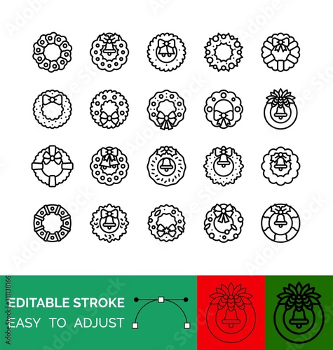 Christmas Wreath vector icon set, line style