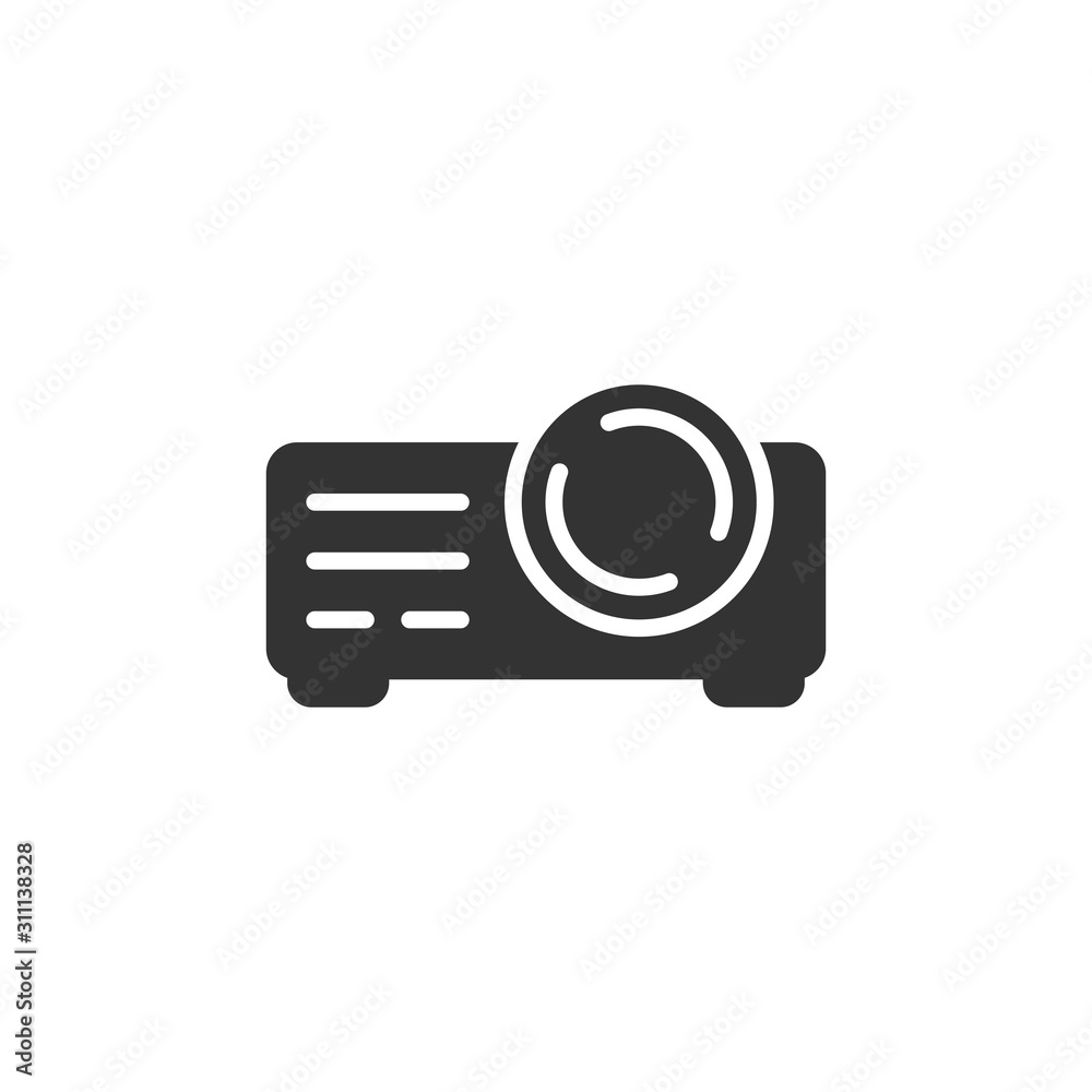 Video projector sign icon in flat style. Cinema presentation device vector illustration on white isolated background. Conference business concept. Video projector sign icon in flat style. Cinema presentation device vector illustration on white isolated background. Conference business concept.
