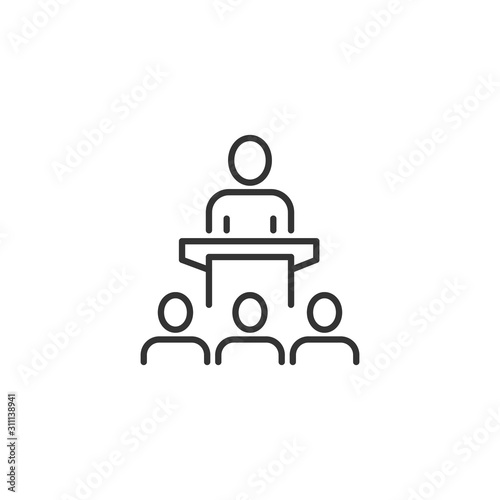 People on podium icon in flat style. Speaker vector illustration on white isolated background. Audience orator business concept.