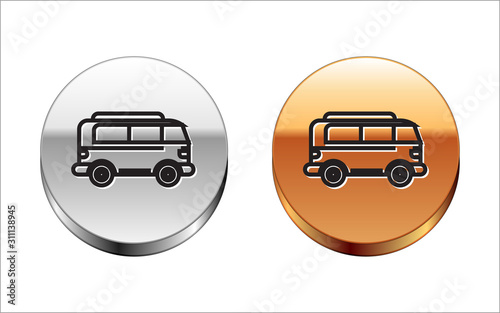 Black line Retro minivan icon isolated on white background. Old retro classic traveling van. Silver-gold circle button. Vector Illustration