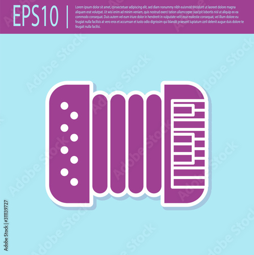 Retro purple Musical instrument accordion icon isolated on turquoise background. Classical bayan, harmonic. Vector Illustration