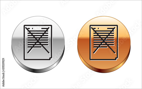 Black line Exam paper with incorrect answers survey icon isolated on white background. Bad mark of test results, concept of unsuccessful report. Silver-gold circle button. Vector Illustration