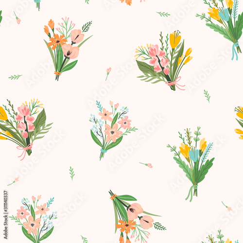 Vector seamless pattern with bouquets of flowers. Design template.