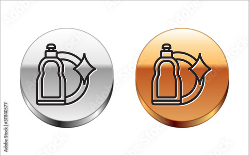 Black line Plastic bottle for liquid laundry detergent, bleach, dishwashing liquid or another cleaning agent icon isolated on white background. Silver-gold circle button. Vector Illustration