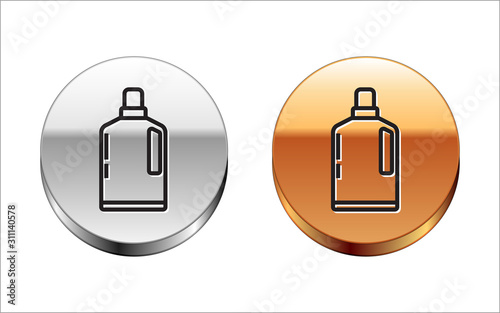 Black line Plastic bottle for liquid laundry detergent, bleach, dishwashing liquid or another cleaning agent icon isolated on white background. Silver-gold circle button. Vector Illustration