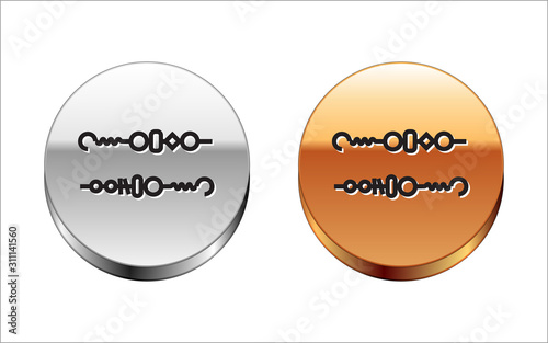 Black line Grilled shish kebab on skewer stick icon isolated on white background. Meat kebab on skewer stick. Picnic with grilled meat. Silver-gold circle button. Vector Illustration