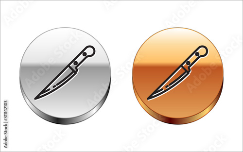 Black line Knife icon isolated on white background. Cutlery symbol. Silver-gold circle button. Vector Illustration