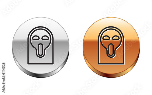 Black line Funny and scary ghost mask for Halloween icon isolated on white background. Happy Halloween party. Silver-gold circle button. Vector Illustration