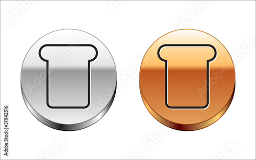 Black line Bread toast for sandwich piece of roasted crouton icon isolated on white background. Lunch, dinner, breakfast snack. Silver-gold circle button. Vector Illustration