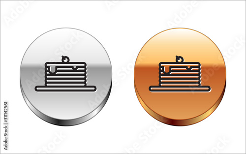 Black line Stack of pancakes icon isolated on white background. Baking with syrup and cherry. Breakfast concept. Silver-gold circle button. Vector Illustration