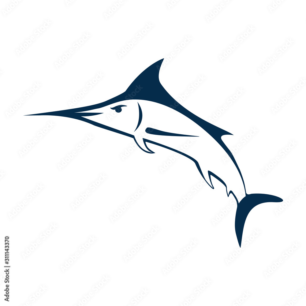 Obraz premium Marlin fish logo. Swordfish fishing emblem. Angry marlina. Design elements for fisherman club or tournament. Big game hunting. Vector illustration.
