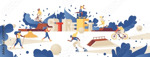 Foto Concept illustration with lettering 3d letters street and different outdoor park activities like roller skating, bmx bike riding, training on scooter, nordic walking