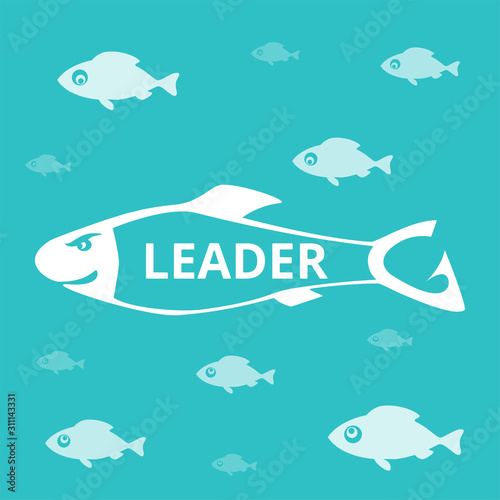 Leadership and visionary concept. Group of fish. Everyone looks at leader. Alpha male. Only one knows the way. Vector illustration.