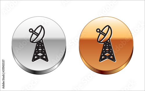 Black line Radar icon isolated on white background. Military search system. Silver-gold circle button. Vector Illustration