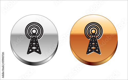 Black line Radar icon isolated on white background. Military search system. Silver-gold circle button. Vector Illustration