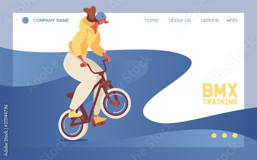 Landing page template or banner for web site with young girl in helmet riding bmx sport bike. Concept scene good for dirt and motocross games. Character doing jump trick.