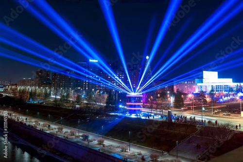 Krasnoyarsk, Siberia, Russia Panorama of a festive evening city
