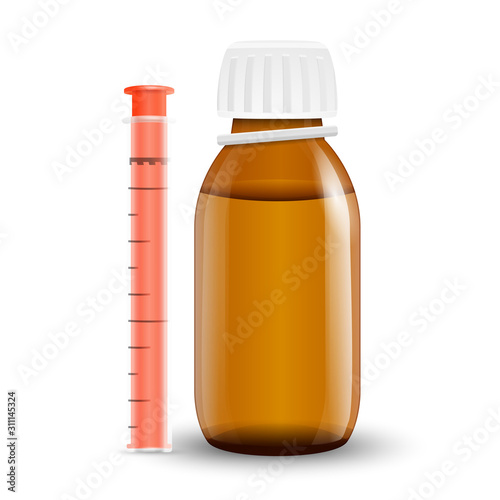 Childrens syrup from temperature. Glass bottle with medicines.