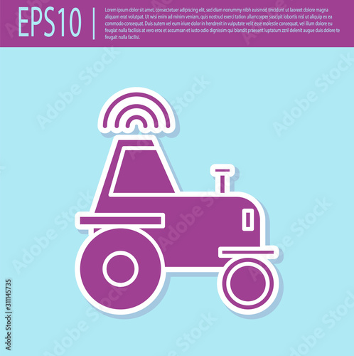 Retro purple Self driving wireless tractor on a smart farm icon isolated on turquoise background. Smart agriculture implement element. Vector Illustration