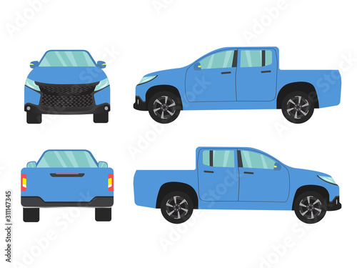 Set of blue pickup truck car view on white background illustration vector Side  front  back