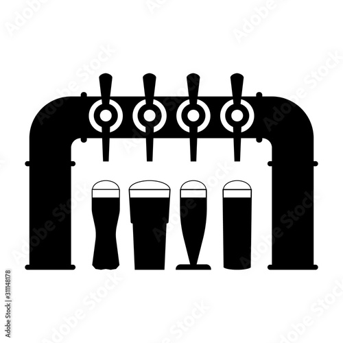 Beer dispenser, tap with beer mugs. Black silhouette of beer pump. Vector illustration.