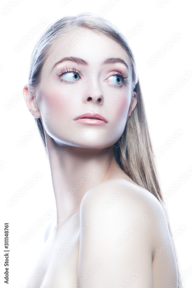 Beautiful young model woman beauty portrait, perfect skin, natural make-up, blonde hair, pink lipstick, naked shoulder body. Isolated. White background. Skincare facial treatment concept Beautiful young model woman beauty portrait, perfect skin, natural make-up, blonde hair, pink lipstick, naked shoulder body. Isolated. White background. Skincare facial treatment concept