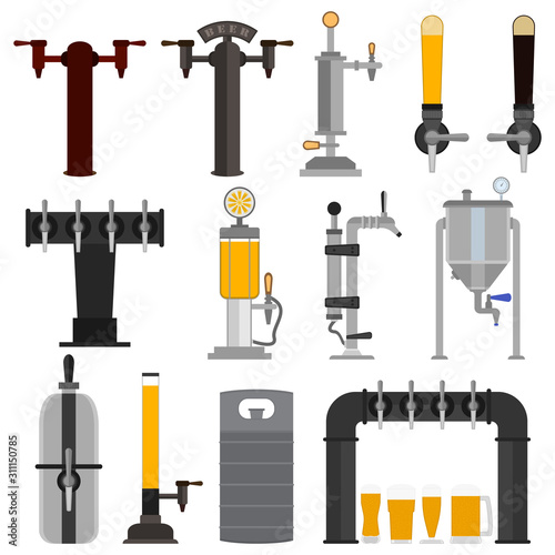 Set of beer equipment for bar including beer pump, dispenser with tap and handle and with set full glass beer mugs with foam. Pouring in beer glasses. Vector drawing. Illustration isolated flat icons.