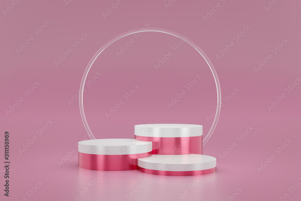 Pink pedestal or podium display with glass ring platform on valentines concept background. Blank cosmetic shelf stand for showing product. 3D rendering. Pink pedestal or podium display with glass ring platform on valentines concept background. Blank cosmetic shelf stand for showing product. 3D rendering.