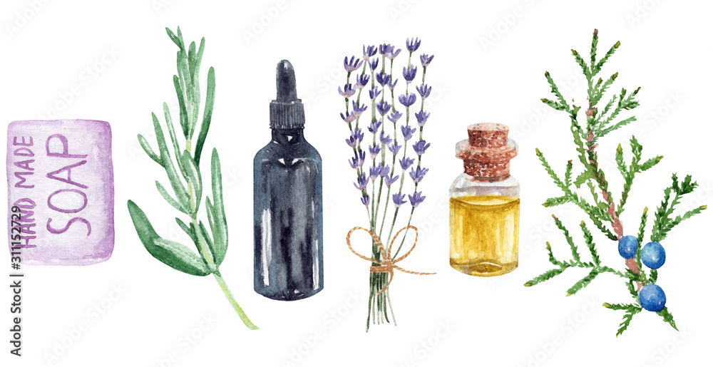 Aromatherapy and essential oils set of watercolor illustrations with handmade soap, lavender and rosemary. - obrazy, fototapety, plakaty 