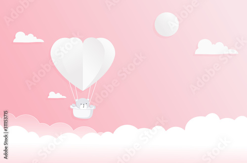 Valentines card with cute teddy bear in paper cut style. Space for your text.
