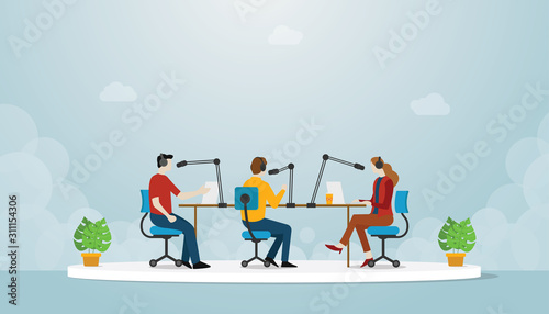 podcast team production with people man and woman sit and discuss use mic speaker for podcasting with modern flat style - vector