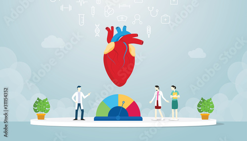 hypertension human heart with team doctor analyze disease with modern flat style - vector