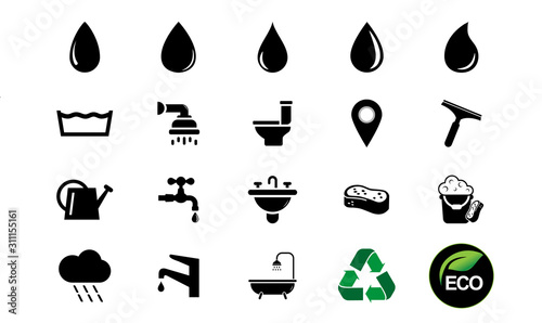 Water icon set flat style black on white background