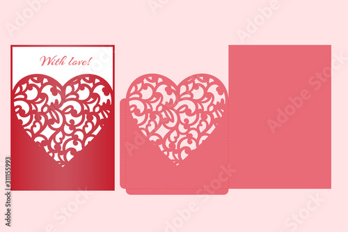 Laser cut pocket envelope with patterned heart. Template for cutting. Wedding invitation or valentine greeting card mockup with lace heart.