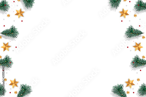 Merry Christmas on white background with tree branches decorated with stars  Xmas theme. Illustration