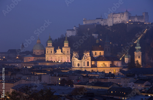 Salzburg, Austria, Europe. City in Alps of Mozart birth. Panoramic view of Salzburg skyline with Festung Hohensalzburg and in autumn. Famous town and popular international travel destination.
