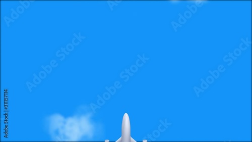 Aeroplane Flying Through Clouds in the blue sky through sunshine and clouds in day light, aeroplane, aircraft. summer travel concept. Animation 4K