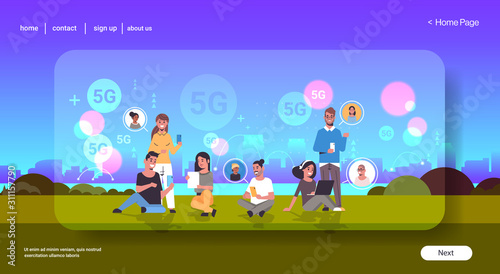 people using digital devices social network communication 5G online wireless system connection concept mix race men women chatting summer park cityscape background full length horizontal vector