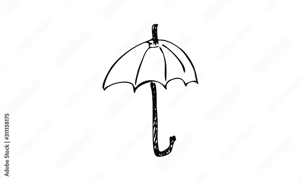 hand drawn sun umbrella on a sand. hot beach Doodle art summer vacation.use it as a clipart in greeting cards, print on clothes, animation, packaging or design of your website