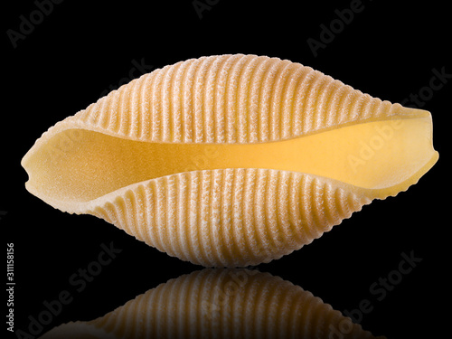 Macro photo of conchiglie pasta shell isolated on black background photo