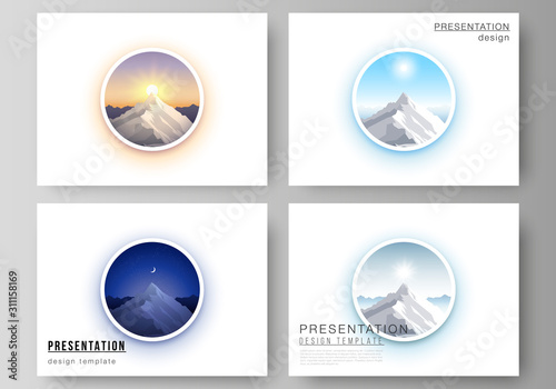 The minimalistic abstract vector illustration layout of the presentation slides design business templates. Mountain illustration, outdoor adventure. Travel concept background. Flat design vector.