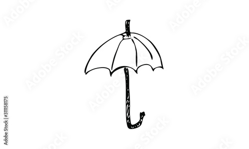hand drawn sun umbrella on a sand. hot beach Doodle art summer vacation.use it as a clipart in greeting cards, print on clothes, animation, packaging or design of your website