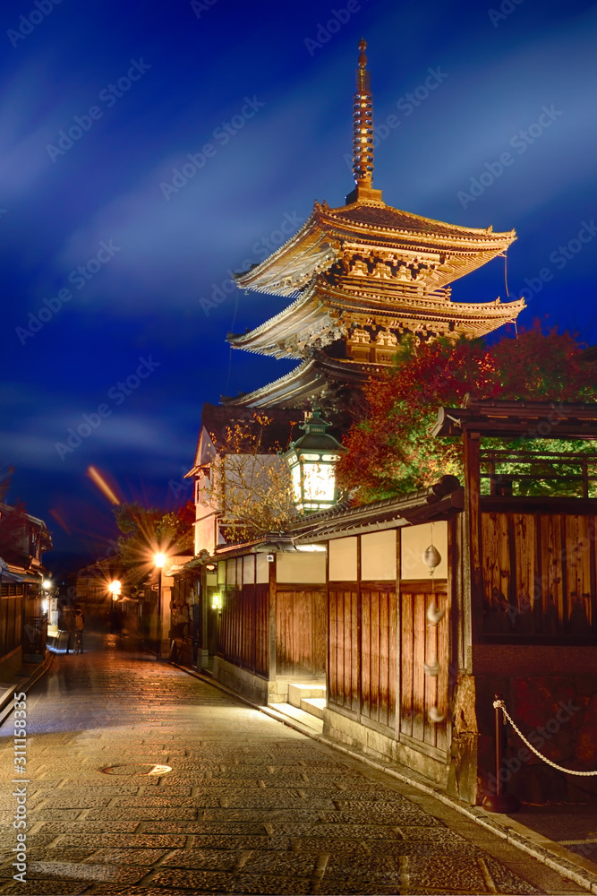 Kyoto, Japan - November 24, 2019: View of Yasaka-no-to pagoda or Hokanji temple at twilight sky in Hagashiyama district, Kyoto, Japan Kyoto, Japan - November 24, 2019: View of Yasaka-no-to pagoda or Hokanji temple at twilight sky in Hagashiyama district, Kyoto, Japan