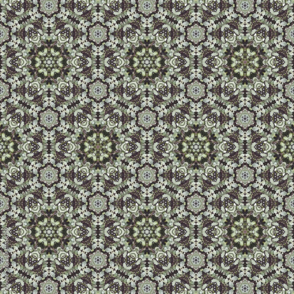 Green abstract Kaleidoscope Background Texture with geometric Shapes.  Surreal circular Forms. 