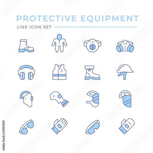 Set color line icons of protecting equipment