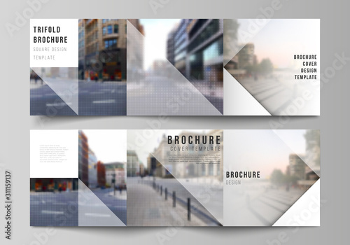 Vector layout of square cover design template for trifold brochure, flyer, magazine, cover design, book design, brochure cover. Abstract halftone effect decoration with dots. Dotted pattern decoration
