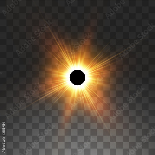 Total solar eclipse vector illustration on transparent background. Full moon shadow sun eclipse with corona.