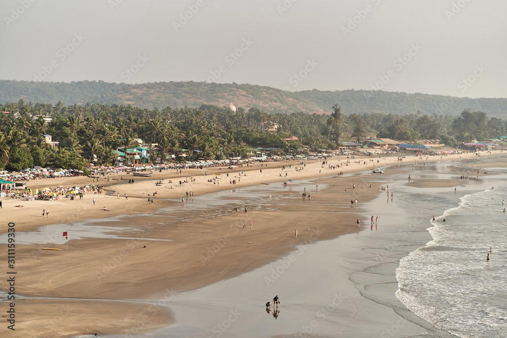 Beauty Arambol beach aerial view landscape, Goa state in India
