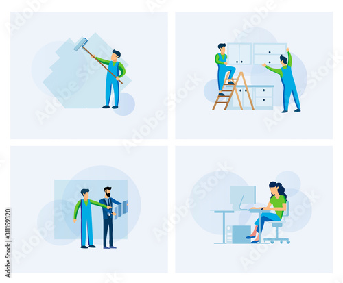 Flat modern design vector illustration set people at work. Woman working on a computer in office space. Two men with the help of a ladder hang kitchen cabinets. A man paints a roller wall
